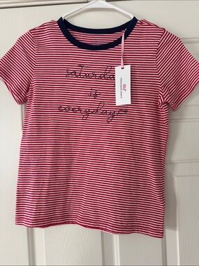 Vineyard Vines Red & White Striped Kids Tee with Navy Neck NEW girl’s 10-12
